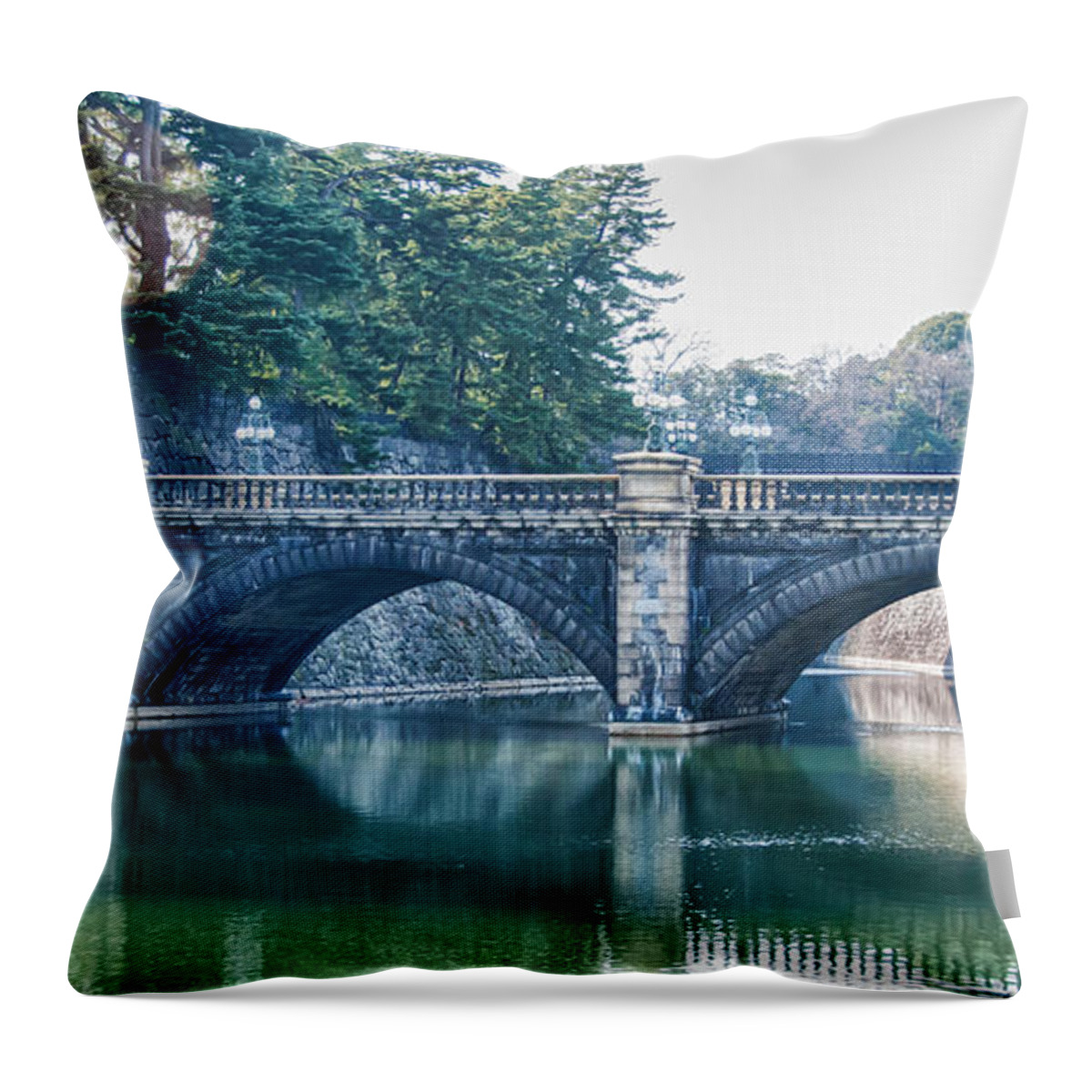 Edo Castle Throw Pillow featuring the photograph Edo Castle and Nijubashi Bridge by Guy Whiteley