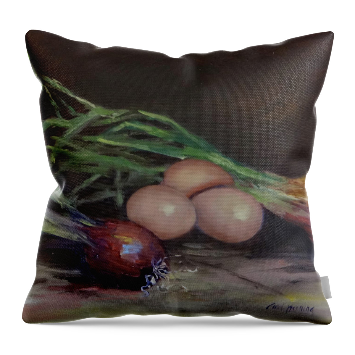 Eggs Throw Pillow featuring the painting Eggs and Onions by Carol Berning