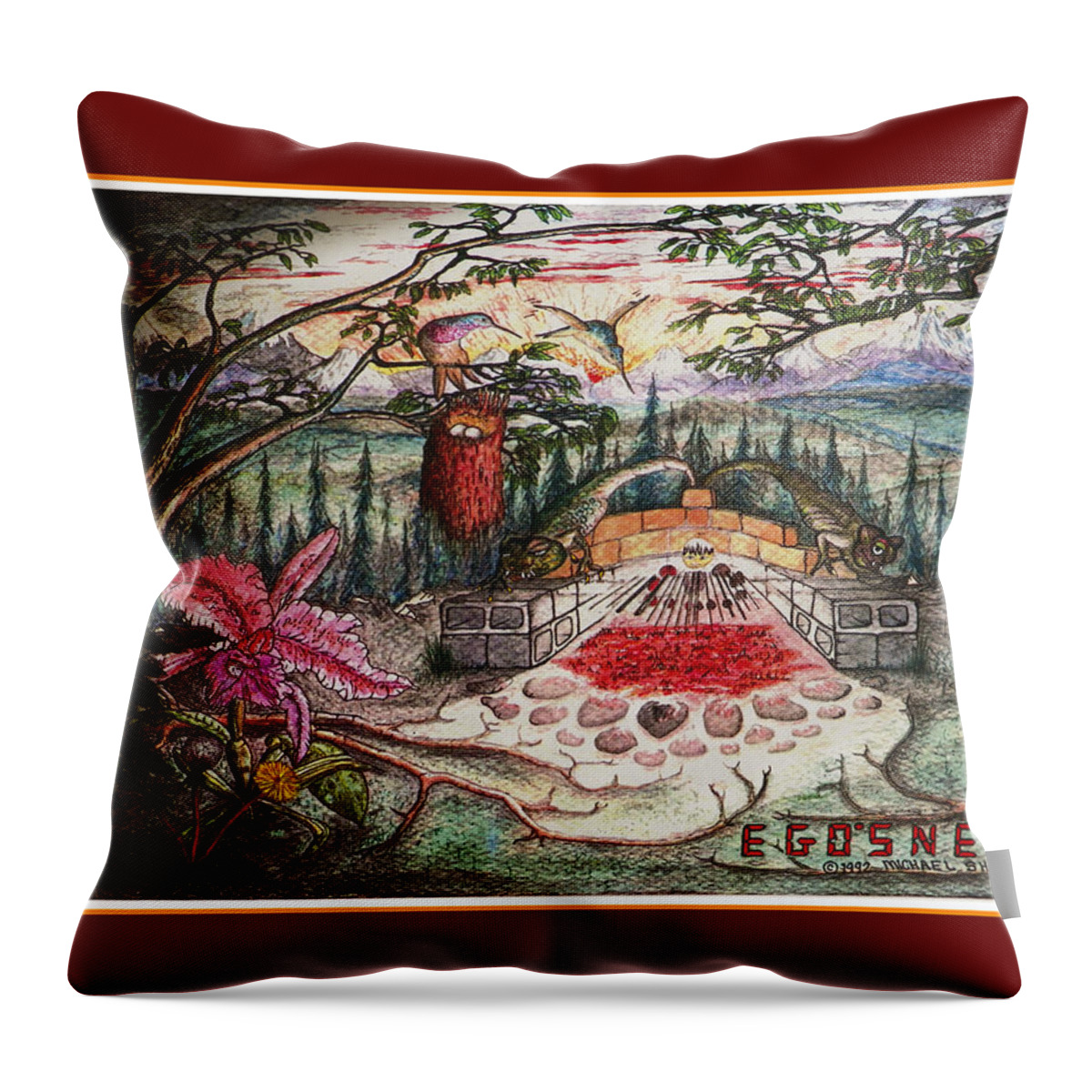 Dinosaurs Throw Pillow featuring the painting Egosnest Self Portrait with Dinosaurs by Michael Shone SR