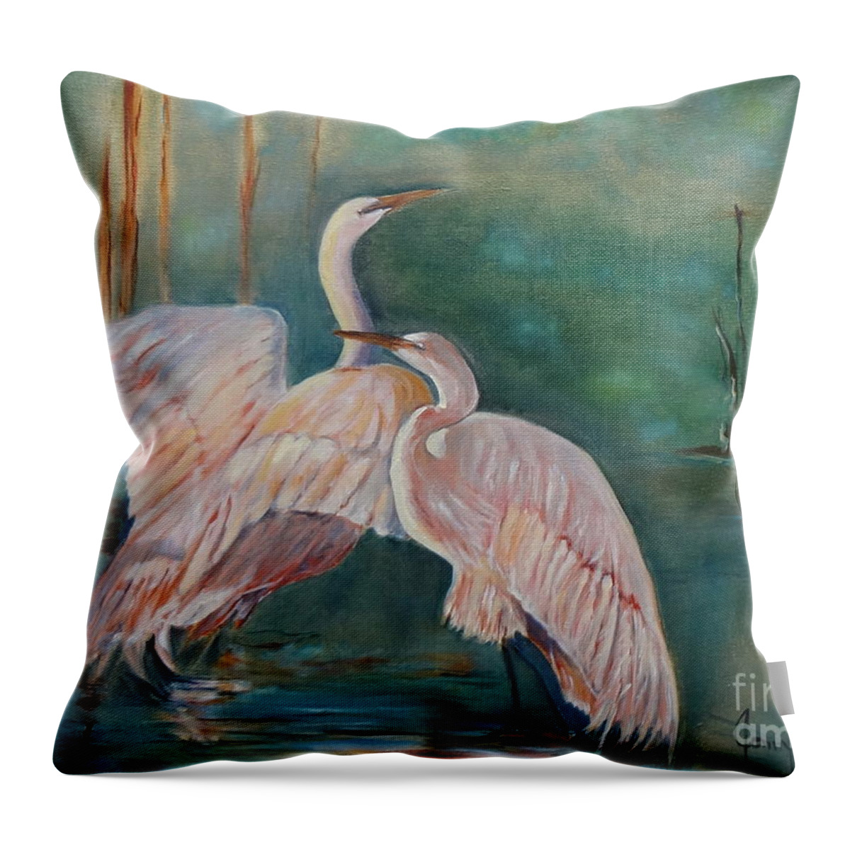 Misty Scene Throw Pillow featuring the painting Egrets in the Mist by Jenny Lee