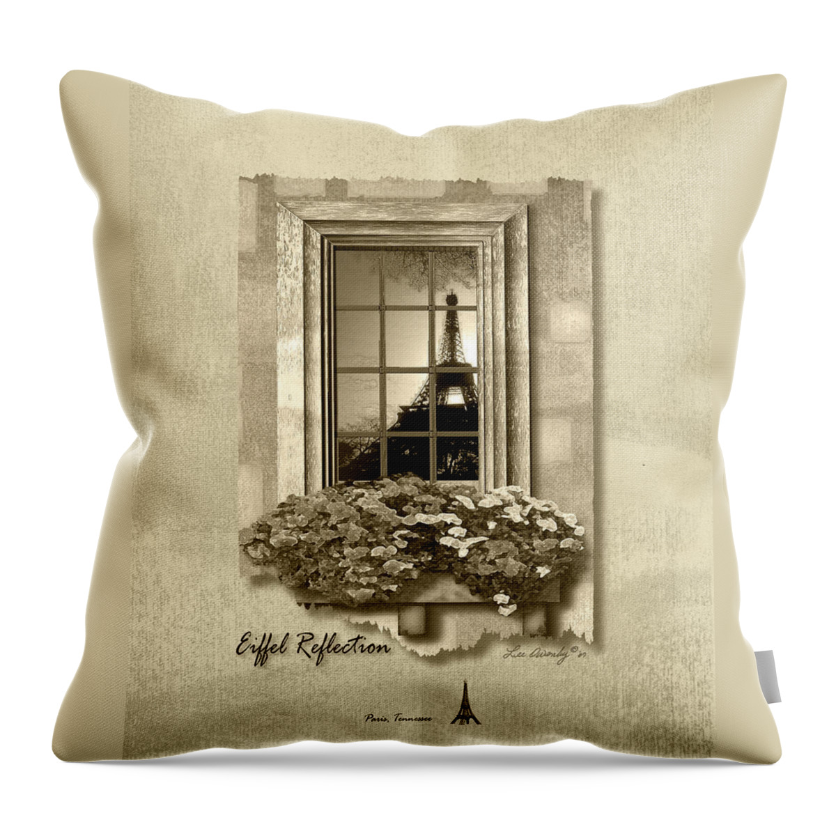 Eiffel Tower Throw Pillow featuring the digital art Eiffel Reflection in Sepia by Lee Owenby