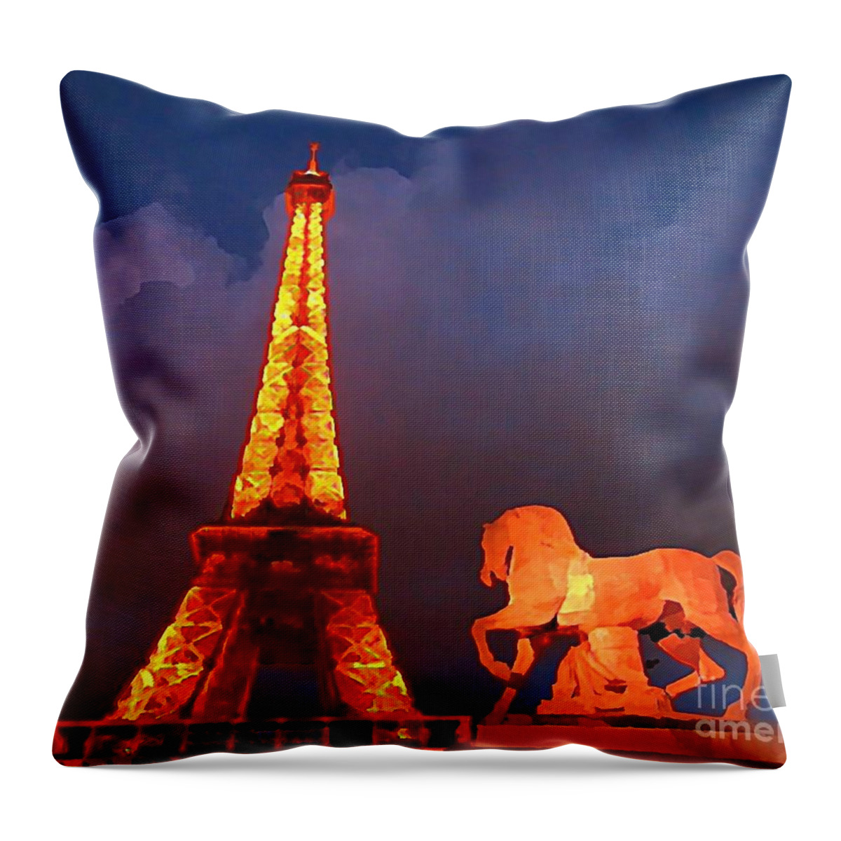Statues Throw Pillow featuring the painting Eiffel Tower and Horse by John Malone