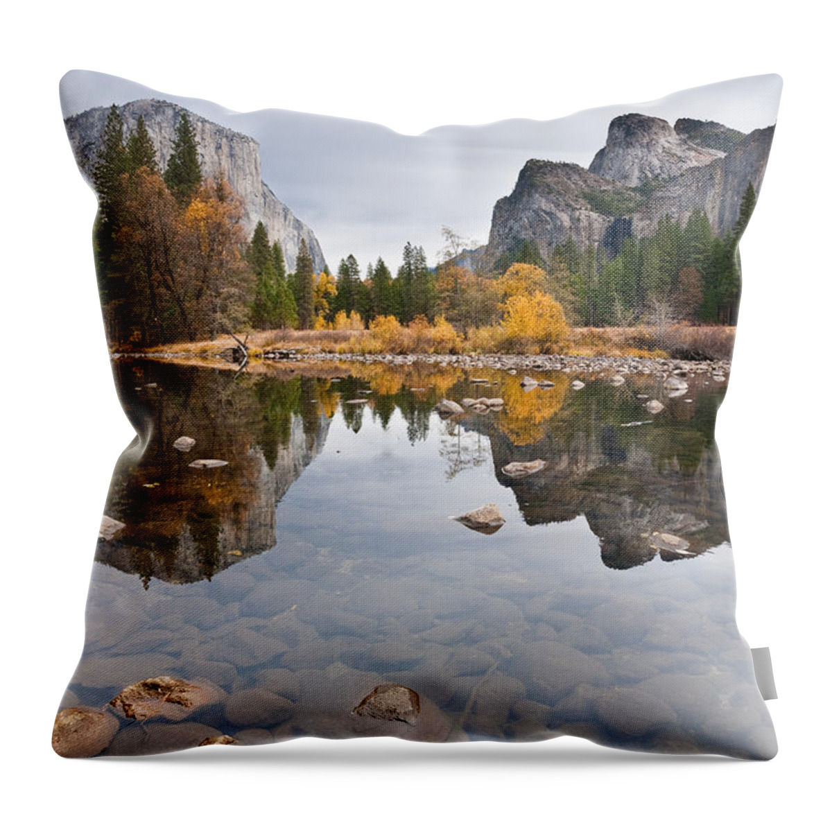 Autumn Throw Pillow featuring the photograph El Capitan Reflected in the Merced River by Jeff Goulden