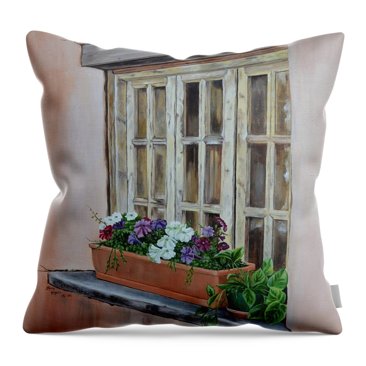 Adobe Throw Pillow featuring the painting Elayne Look Through the Window by Mary Rogers