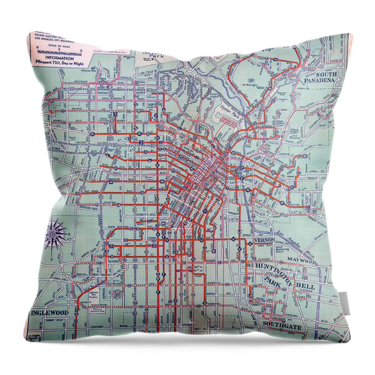 World Map Throw Pillow featuring the painting Electric car and bus routes in L.A by MotionAge Designs