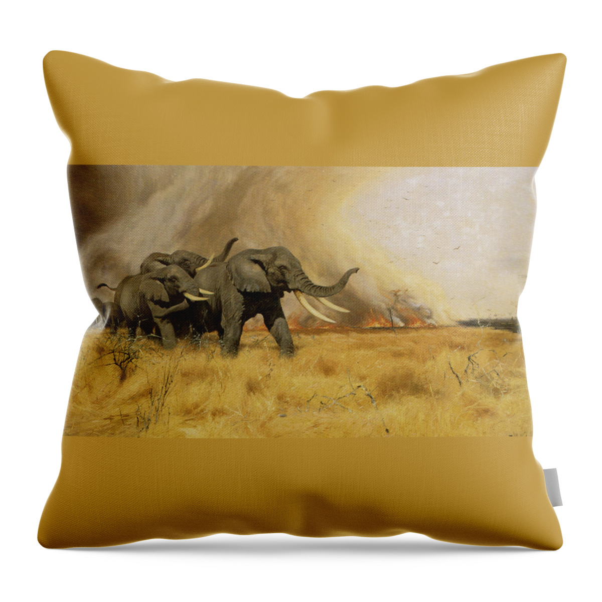 Friedrich Wilhelm Kuhnert Throw Pillow featuring the digital art Elephants Moving Before A Fire by Friedrich Wilhelm Kuhnert