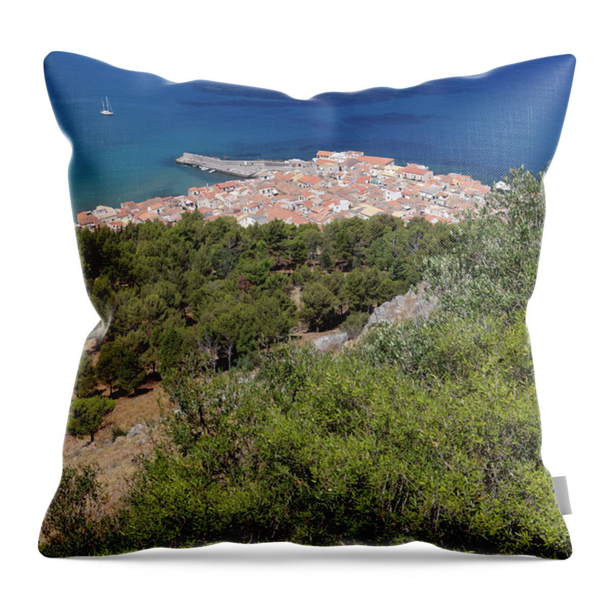 Tyrrhenian Sea Throw Pillow featuring the photograph Elevated View Of Cefalu In Sicily by Massimo Pizzotti