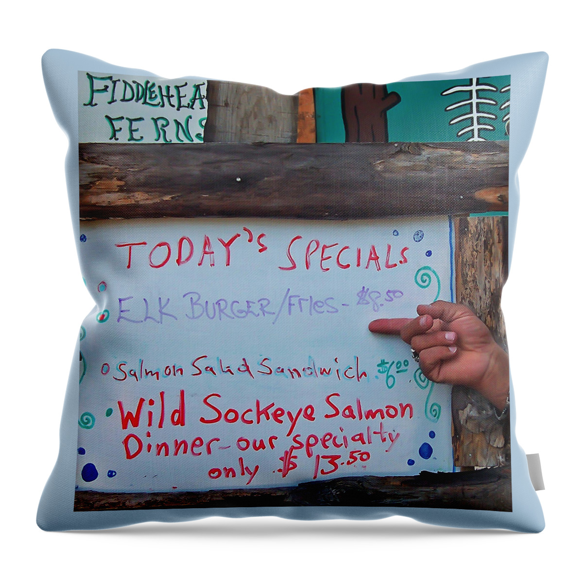 Alaska Throw Pillow featuring the photograph Elk Burger Sign by Aimee L Maher ALM GALLERY