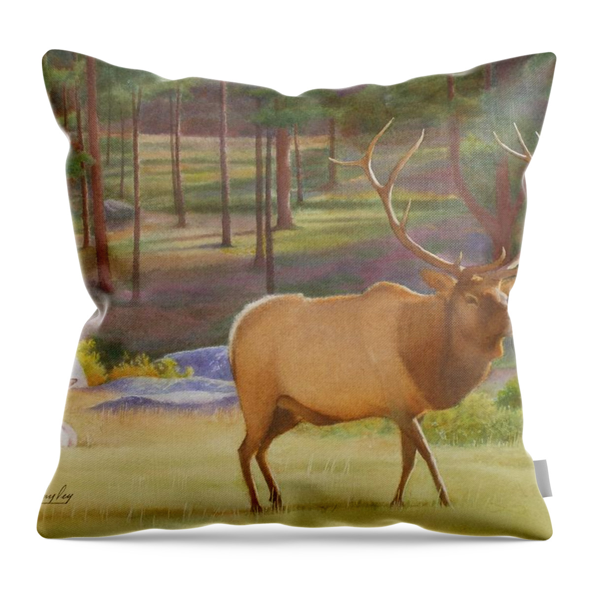 Watercolor Throw Pillow featuring the painting Elk Mates Moraine Park by Daniel Dayley