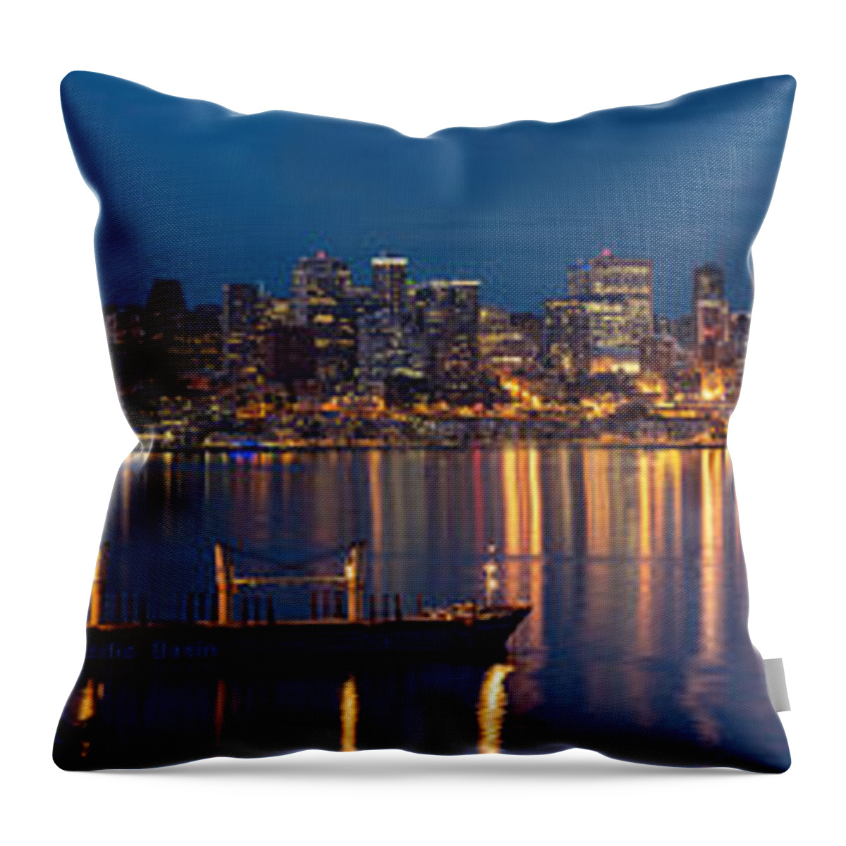 Seattle Throw Pillow featuring the photograph Elliott Bay Seattle Skyline Night Reflections by Mike Reid