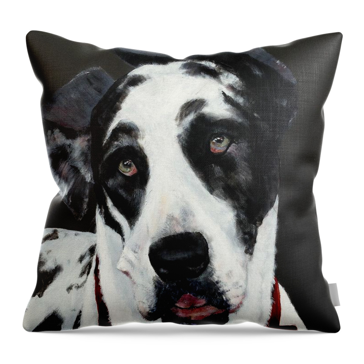 Portrait Of A Harlequin Great Dane Who Has Been Rescued Throw Pillow featuring the painting Emma by Mary Lynne Powers