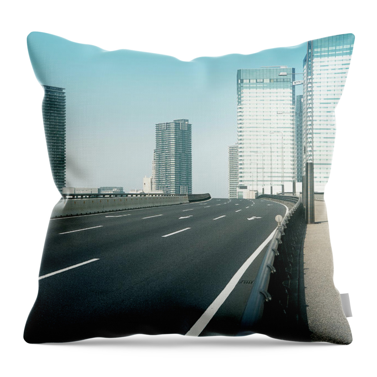 Empty Throw Pillow featuring the photograph Empty Bridge Following The Skyscrapers by Hiroshi Watanabe