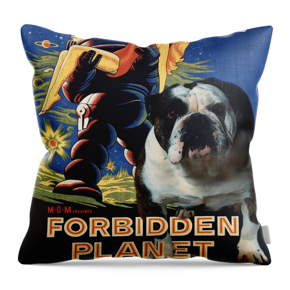 English Bulldog Throw Pillow featuring the painting English Bulldog Art Canvas Print - Forbidden Planet Movie Poster by Sandra Sij