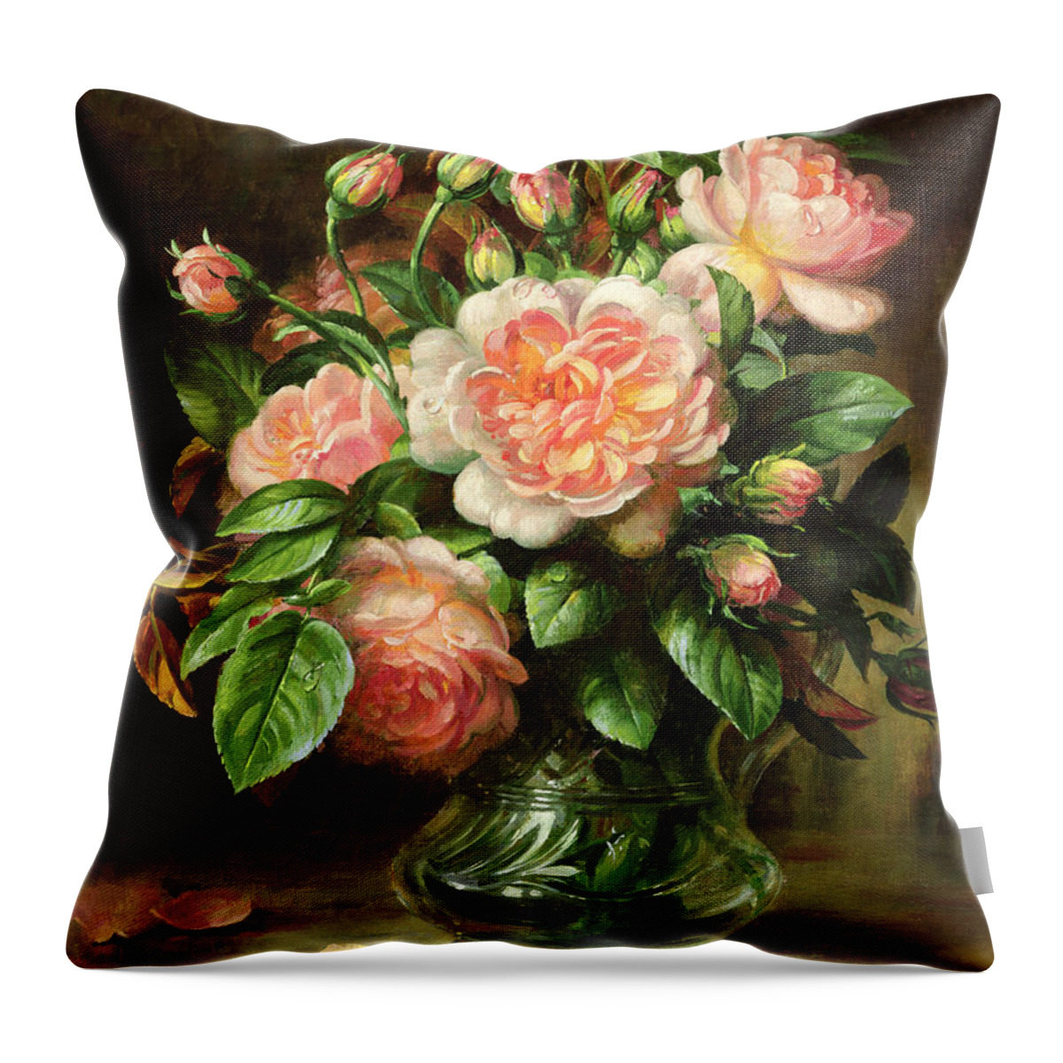 Rose Throw Pillow featuring the painting English Elegance Roses in a Glass by Albert Williams