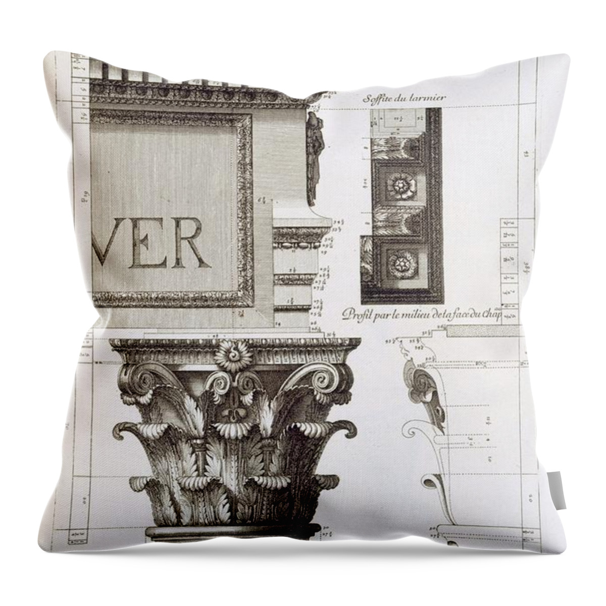 Entablature Throw Pillow featuring the drawing Entablature, Capital And Inscription by Antoine Babuty Desgodets