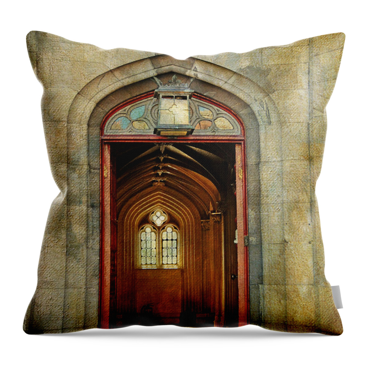 Ireland Throw Pillow featuring the photograph Entrance to the Gothic Revival Chapel. Streets of Dublin. Painting Collection by Jenny Rainbow