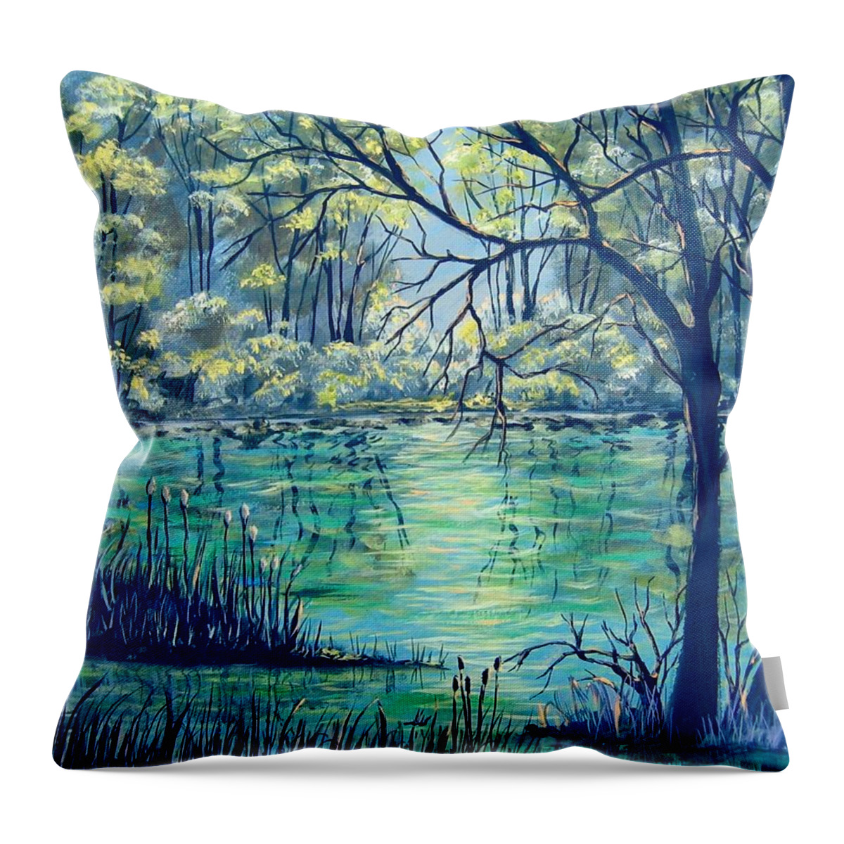Trees Throw Pillow featuring the painting Evening at the Bayou by Suzanne Theis