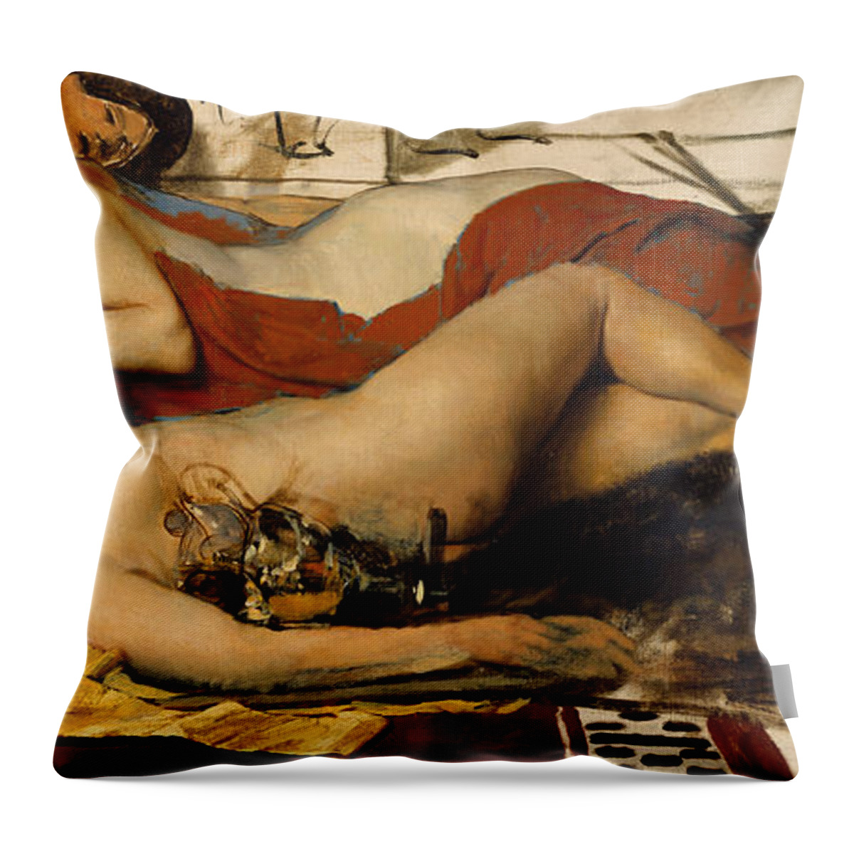 Nude Throw Pillow featuring the painting Exhausted Maenides by Lawrence Alma Tadema