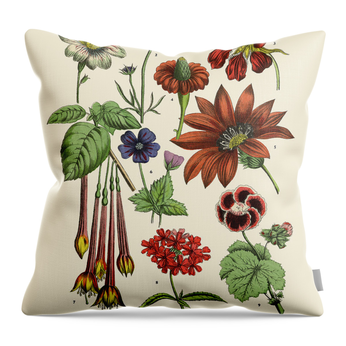 1880-1889 Throw Pillow featuring the digital art Exotic Flowers Of The Garden, Victorian by Bauhaus1000