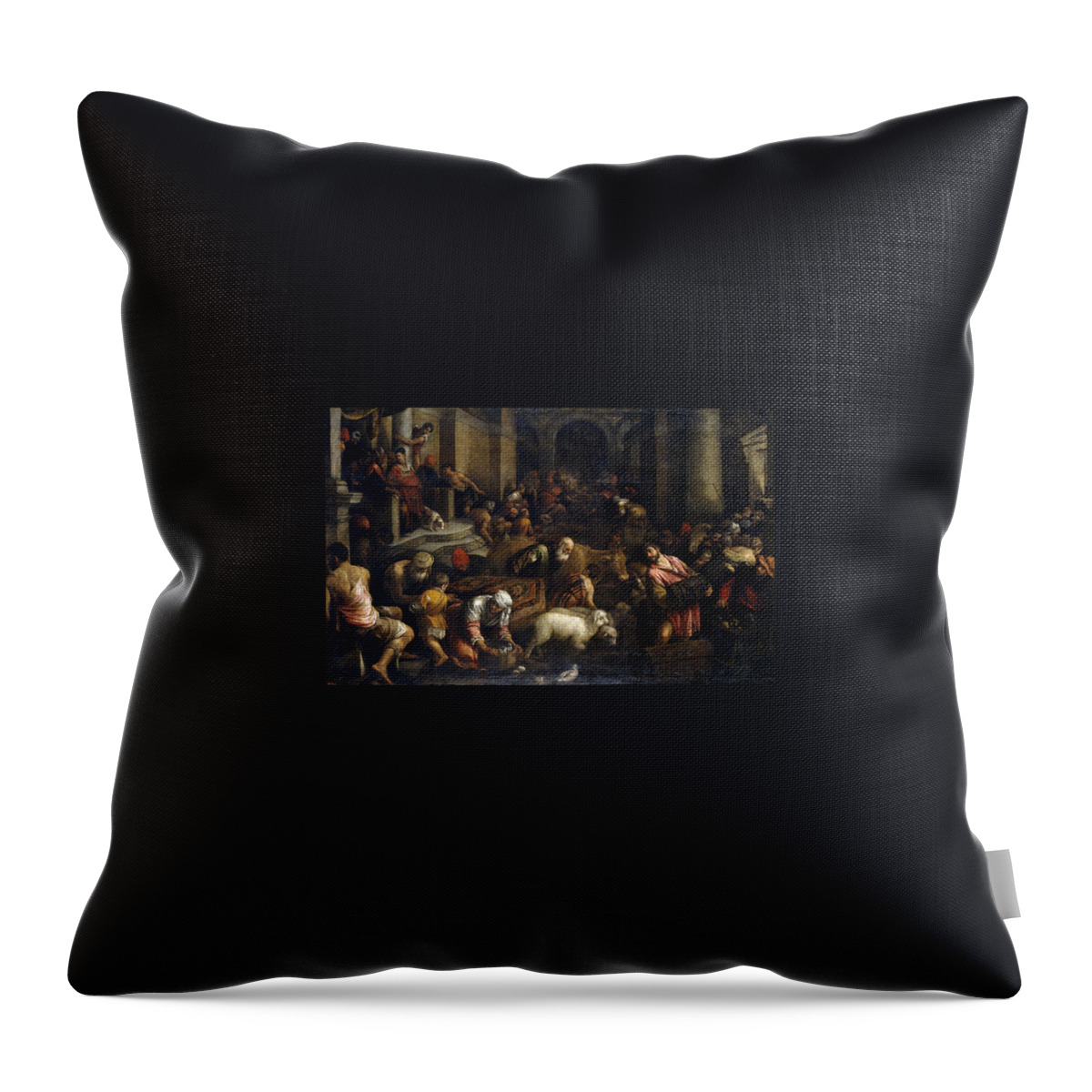 Jacopo Bassano Throw Pillow featuring the painting Expulsion of merchants from the temple by Jacopo Bassano