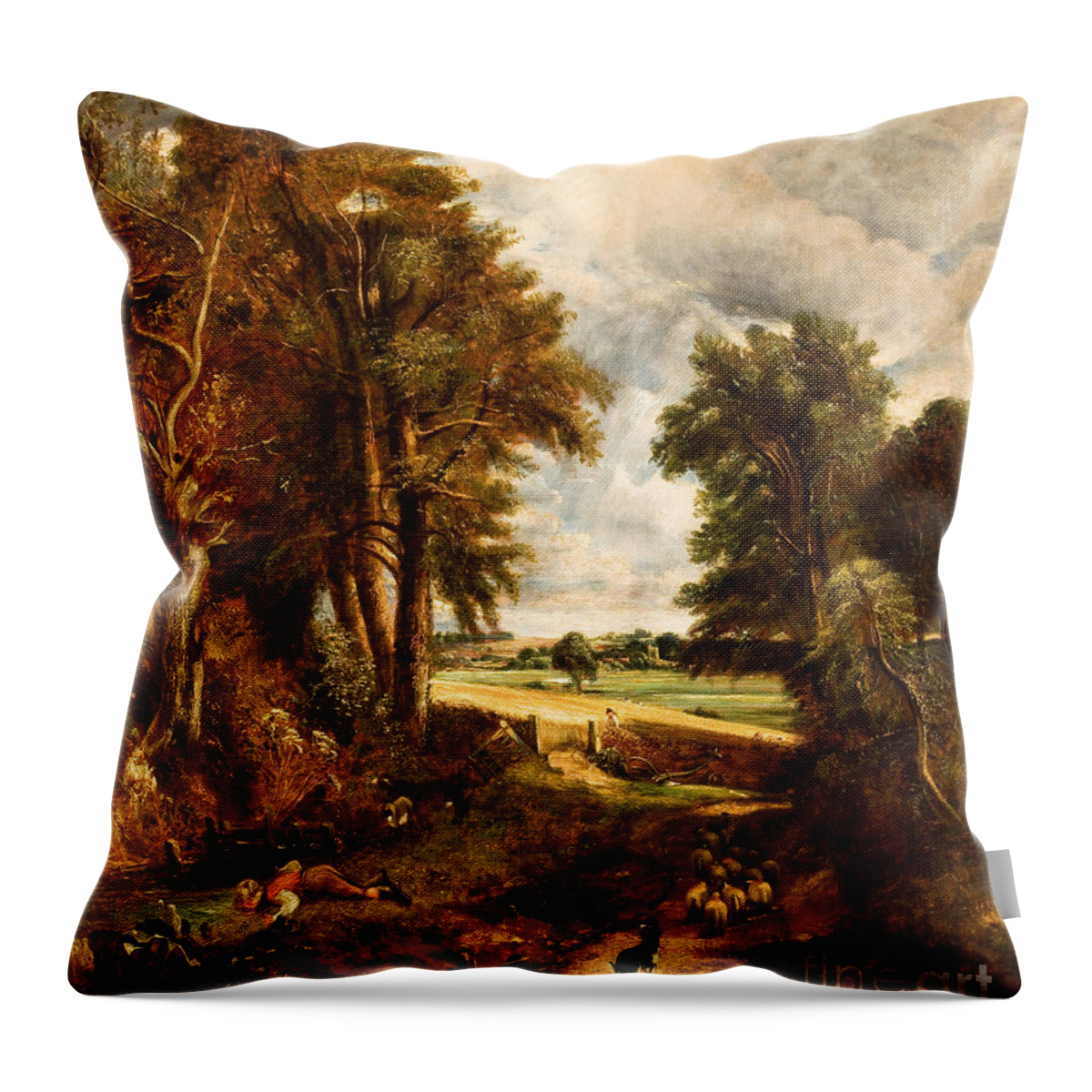 Extensive Landscape With Boy Drinking Water From A Stream Throw Pillow featuring the painting Extensive Landscape with Boy Drinking Water from a Stream by Celestial Images
