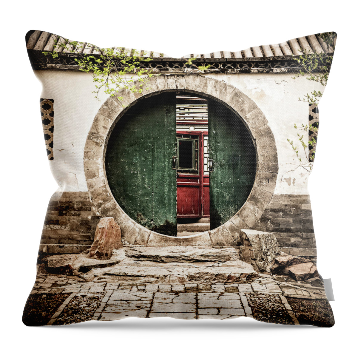 Curve Throw Pillow featuring the photograph Faded Green Gate In Beijing, China by Tomml