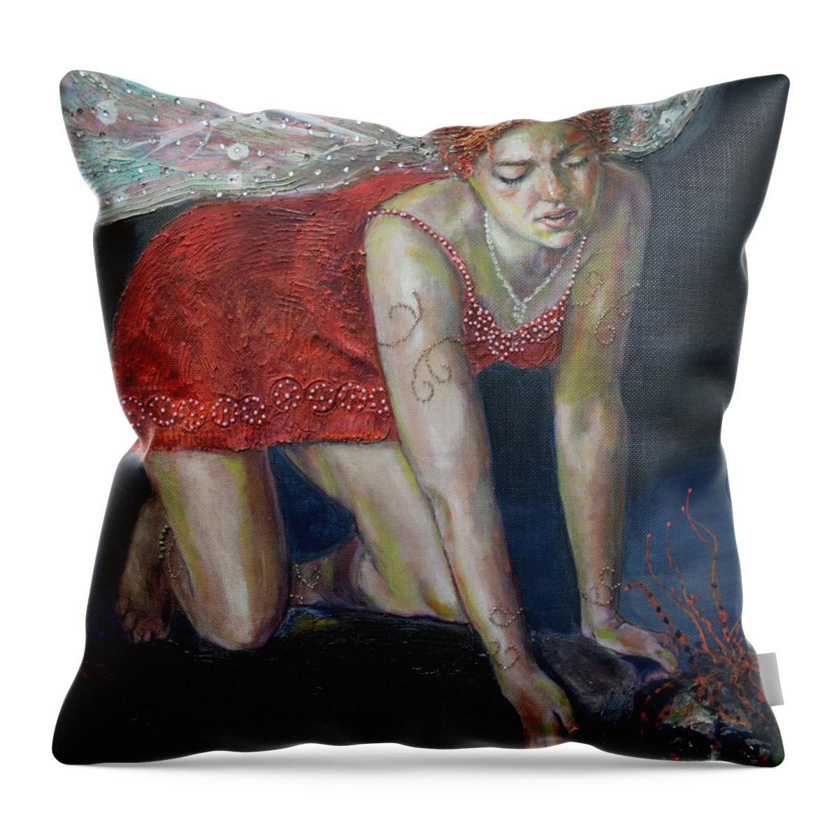 Raija Merila Throw Pillow featuring the painting Fairy Faces Bugaboo by Raija Merila