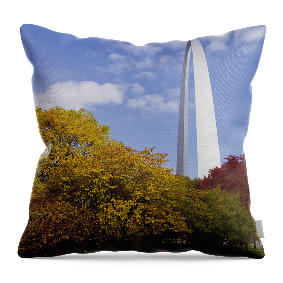 Autumn Colors Throw Pillow featuring the photograph Fall at the St Louis Arch by Garry McMichael