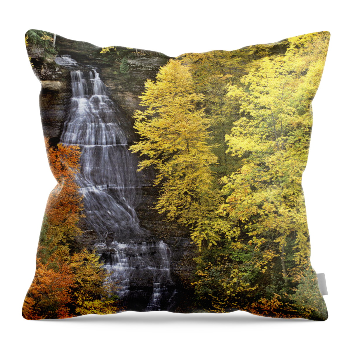 Michigan Throw Pillow featuring the photograph Fall Color Surrounds Chapel Falls on the Michigan Upper Peninsula by Dave Welling