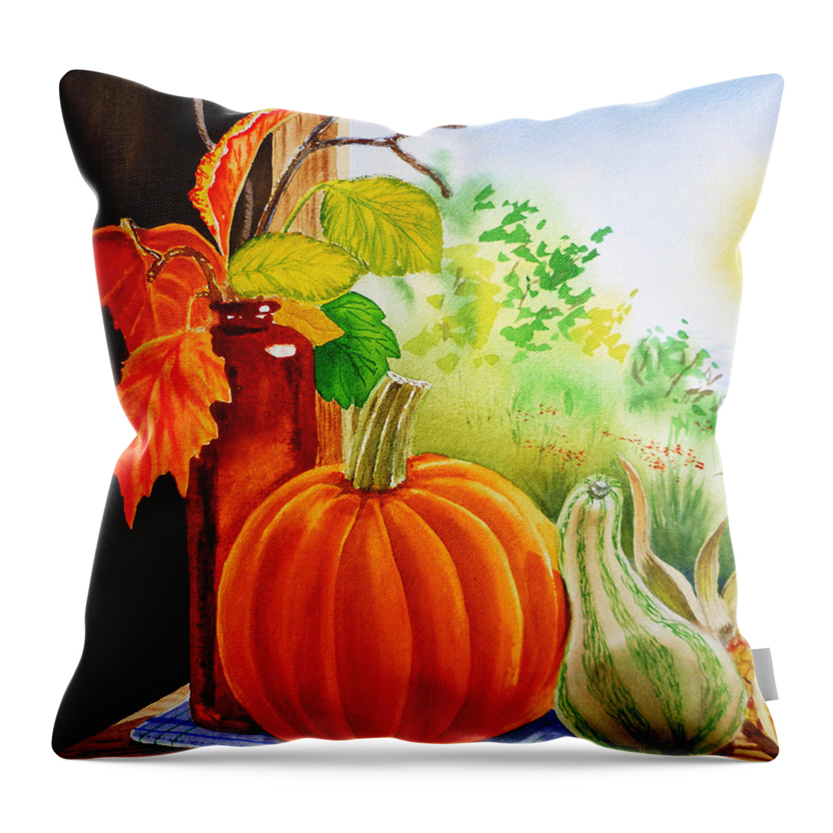 Autumn Throw Pillow featuring the painting Fall Leaves Pumpkin Gourd by Irina Sztukowski