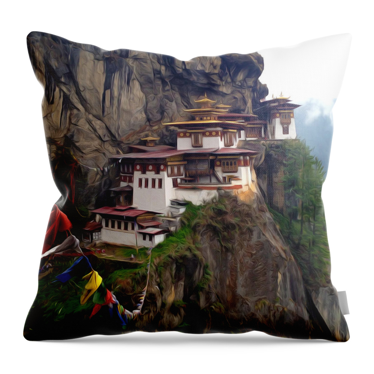 Architect Throw Pillow featuring the painting Famous tigers nest monastery of Bhutan 10 by Jeelan Clark