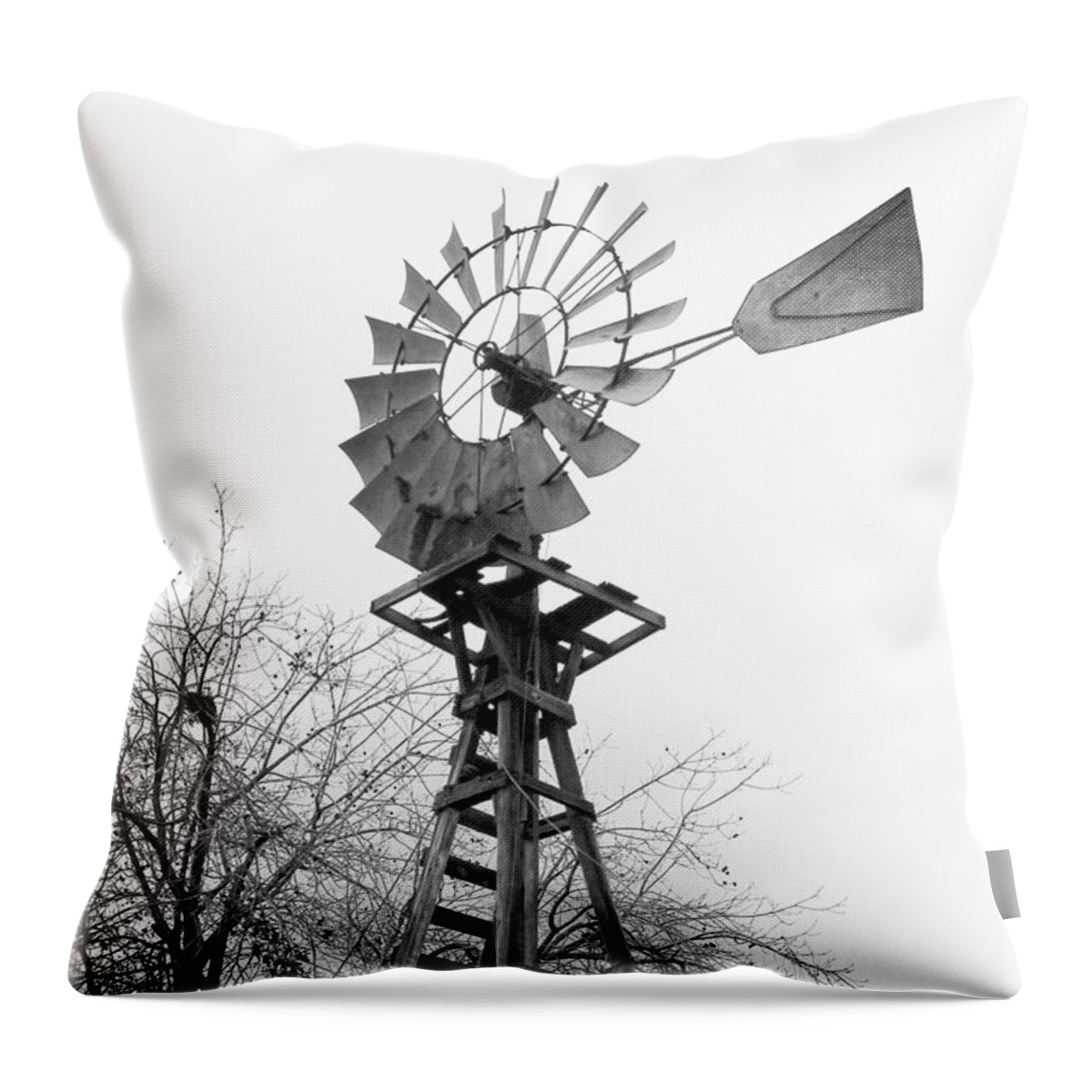 Windmill Throw Pillow featuring the photograph Farm Windmill - Black and White by Carol Groenen