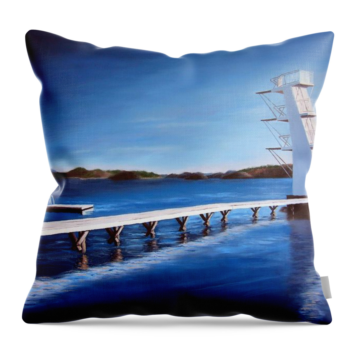 Diving Board Throw Pillow featuring the painting Farsund Badehuset on a sunny day by Janet King