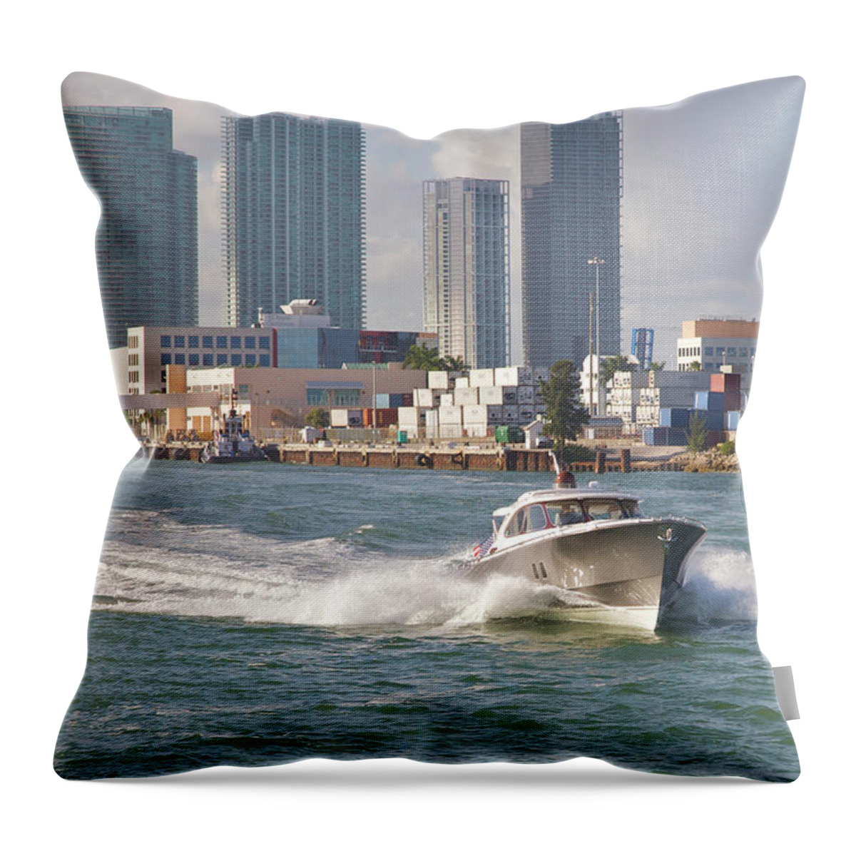 Wake Throw Pillow featuring the photograph Fast-moving Pleasure Boat On City Waters by Barry Winiker