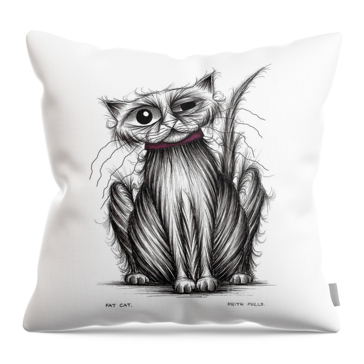 Cat Throw Pillow featuring the drawing Fat cat by Keith Mills
