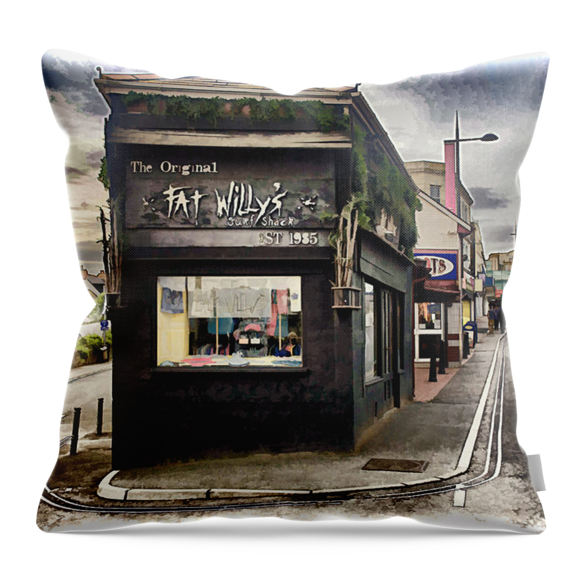 Building Throw Pillow featuring the photograph Fat Willy's Surf Shack - Newquay by Pennie McCracken