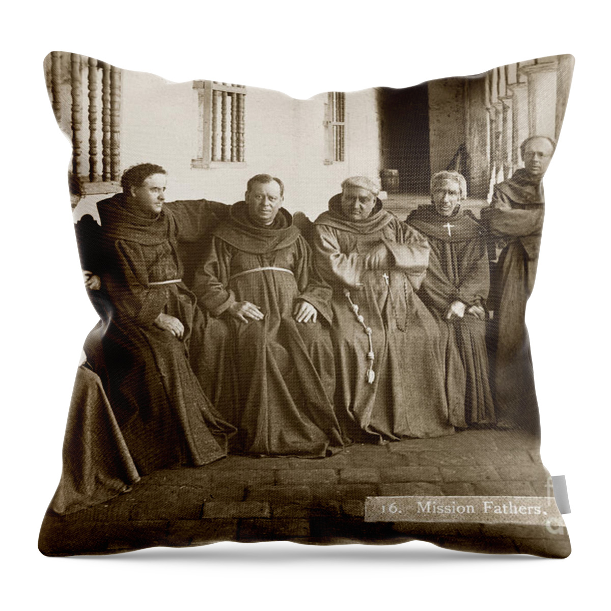 Fathers Throw Pillow featuring the photograph Fathers O'Keefe and Sanchez with the Franciscan Brothers of Mission Santa Barbara 1883 by Monterey County Historical Society