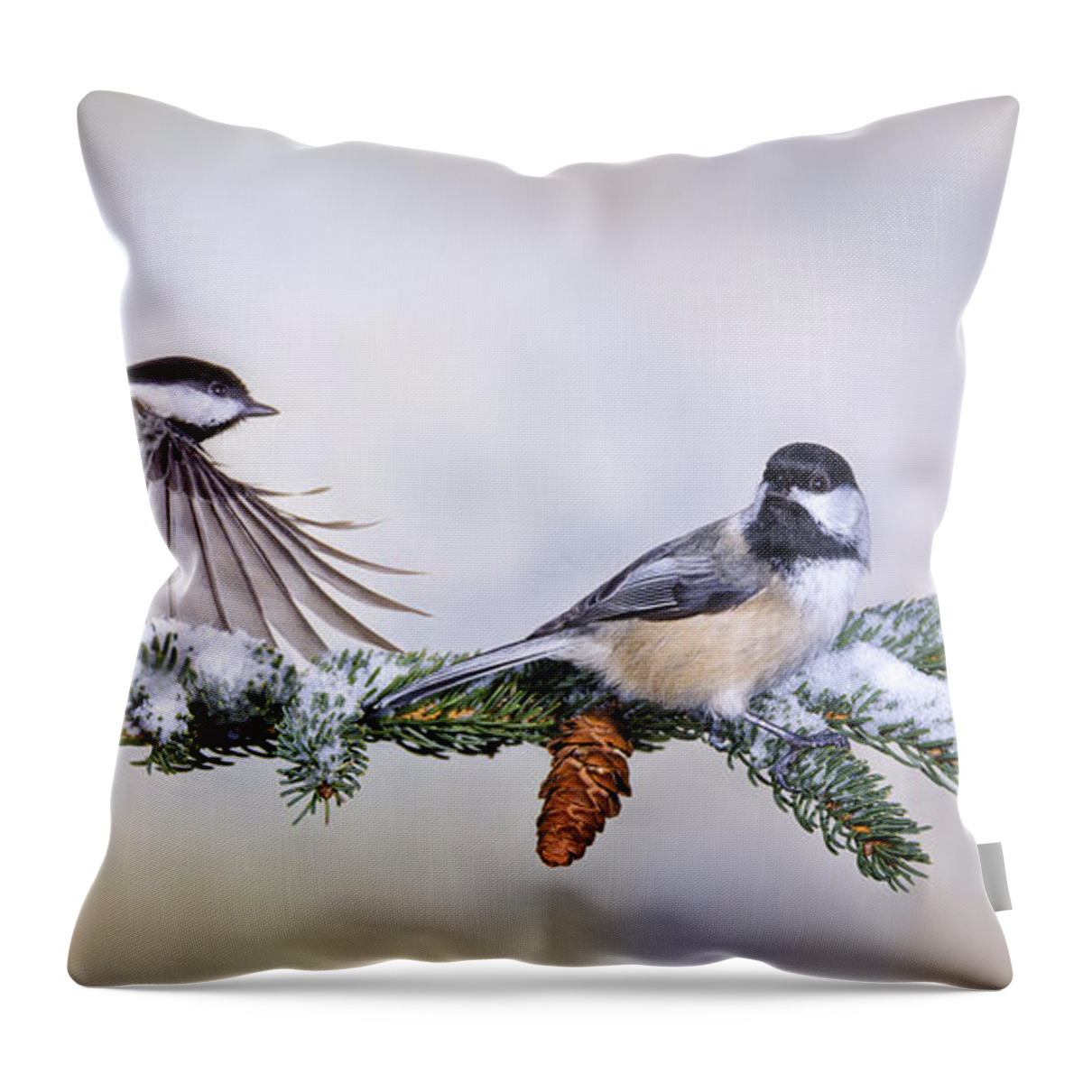 Chickadees Throw Pillow featuring the photograph February Friends by Peg Runyan