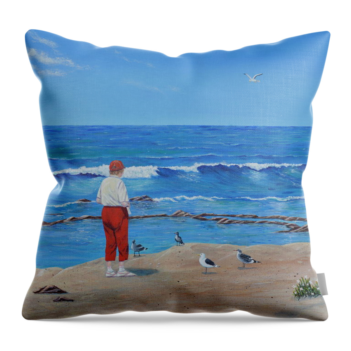 Seaguls Throw Pillow featuring the painting Feeding the Birds by Mary Scott
