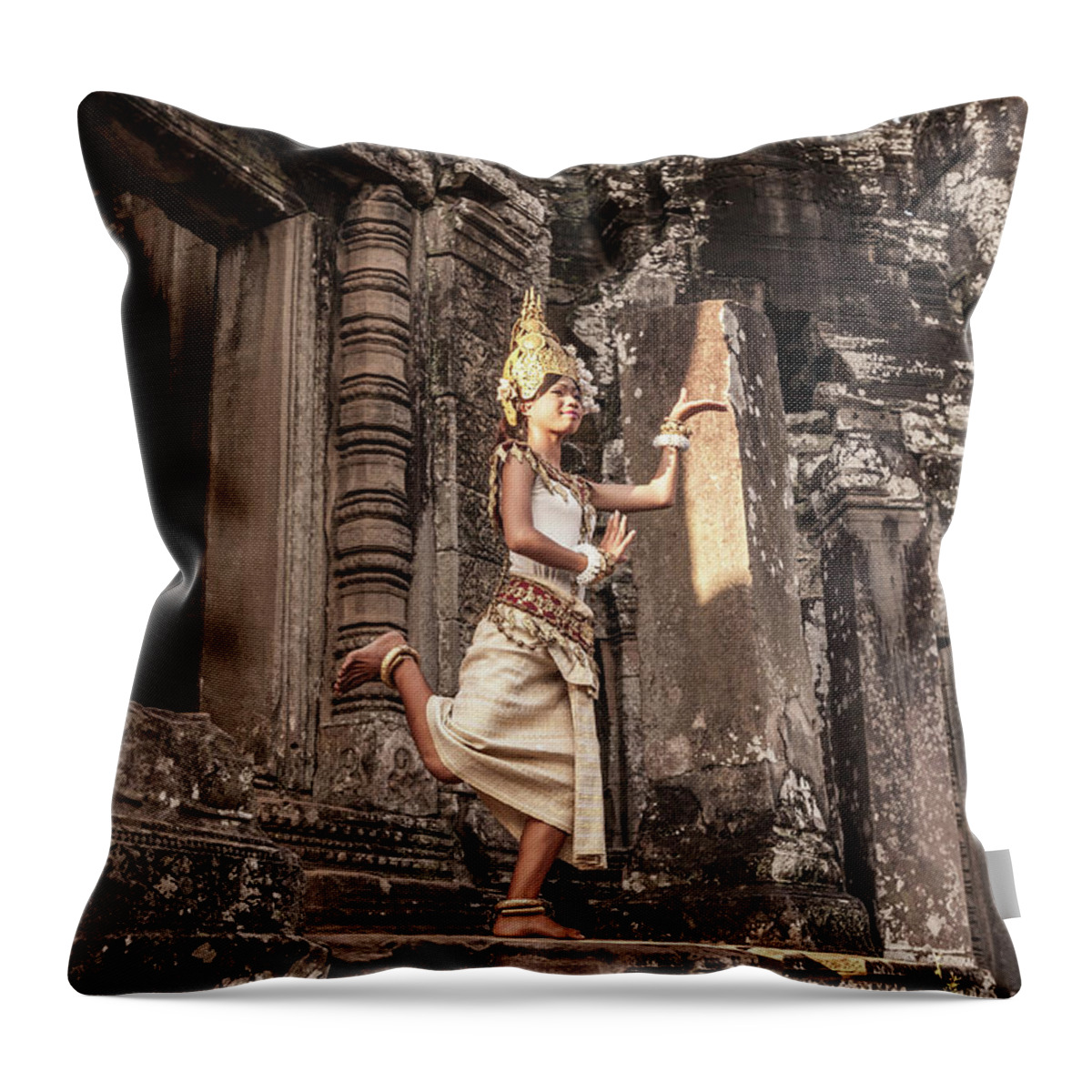Hinduism Throw Pillow featuring the photograph Female Apsara Dancer, Standing On One by Cultura Exclusive/gary Latham