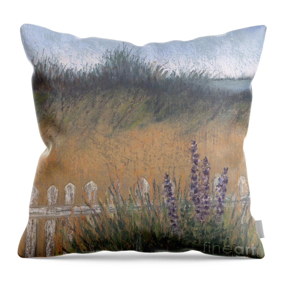 White Picket Fence Throw Pillow featuring the painting Fenced-In Dune by Ginny Neece