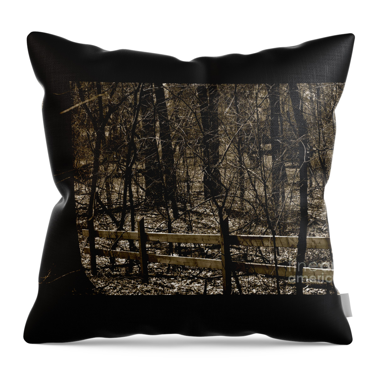 Blackandwhite Throw Pillow featuring the photograph Fence In The Woods by Frank J Casella