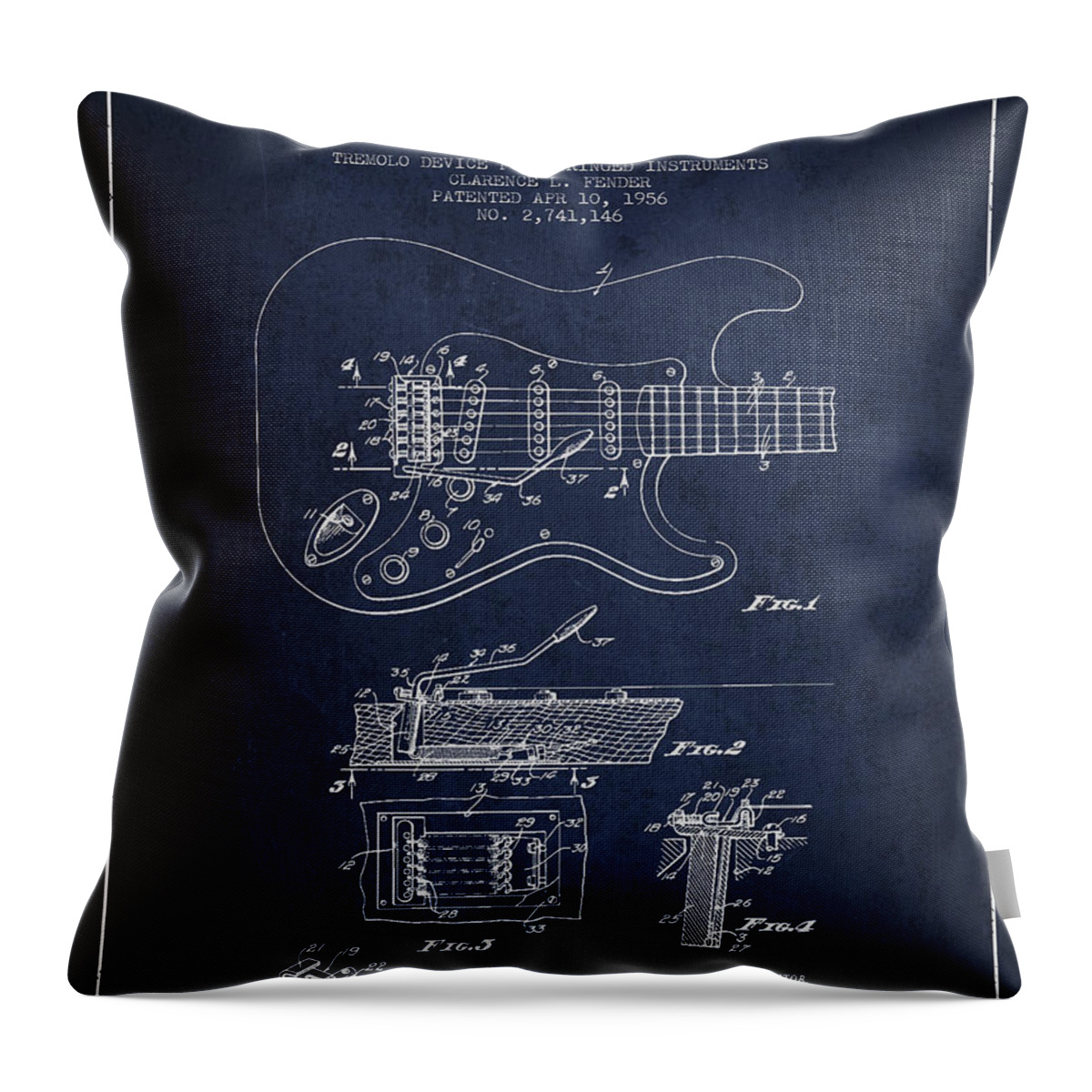 Fender Throw Pillow featuring the digital art Fender Tremolo Device patent Drawing from 1956 by Aged Pixel