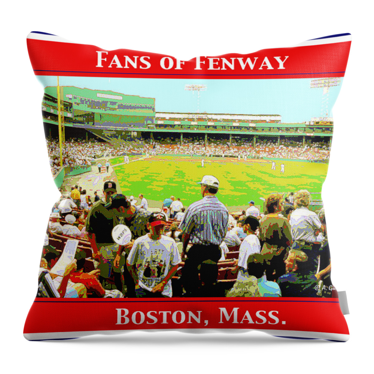Red Sox Throw Pillow featuring the digital art Fenway Park Fans Boston Digital Painting by A Macarthur Gurmankin