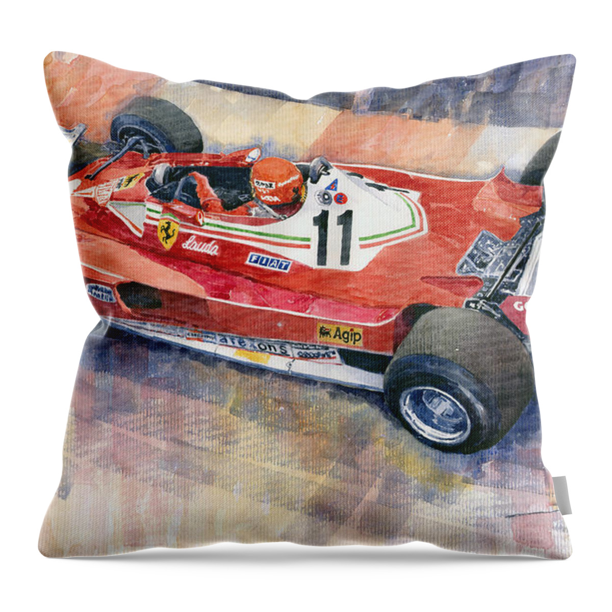 Watercolor Throw Pillow featuring the painting 1977 Monaco GP Ferrari 312 T2 Niki Lauda by Yuriy Shevchuk