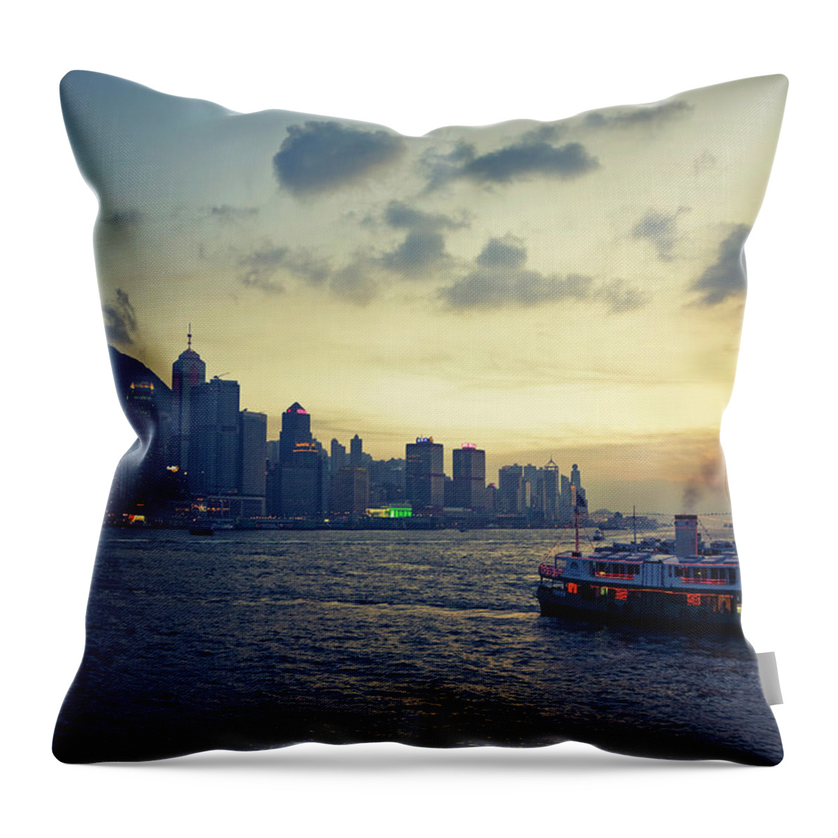 Built Structure Throw Pillow featuring the photograph Ferry And Hong Kong Island Waterfront by Merten Snijders