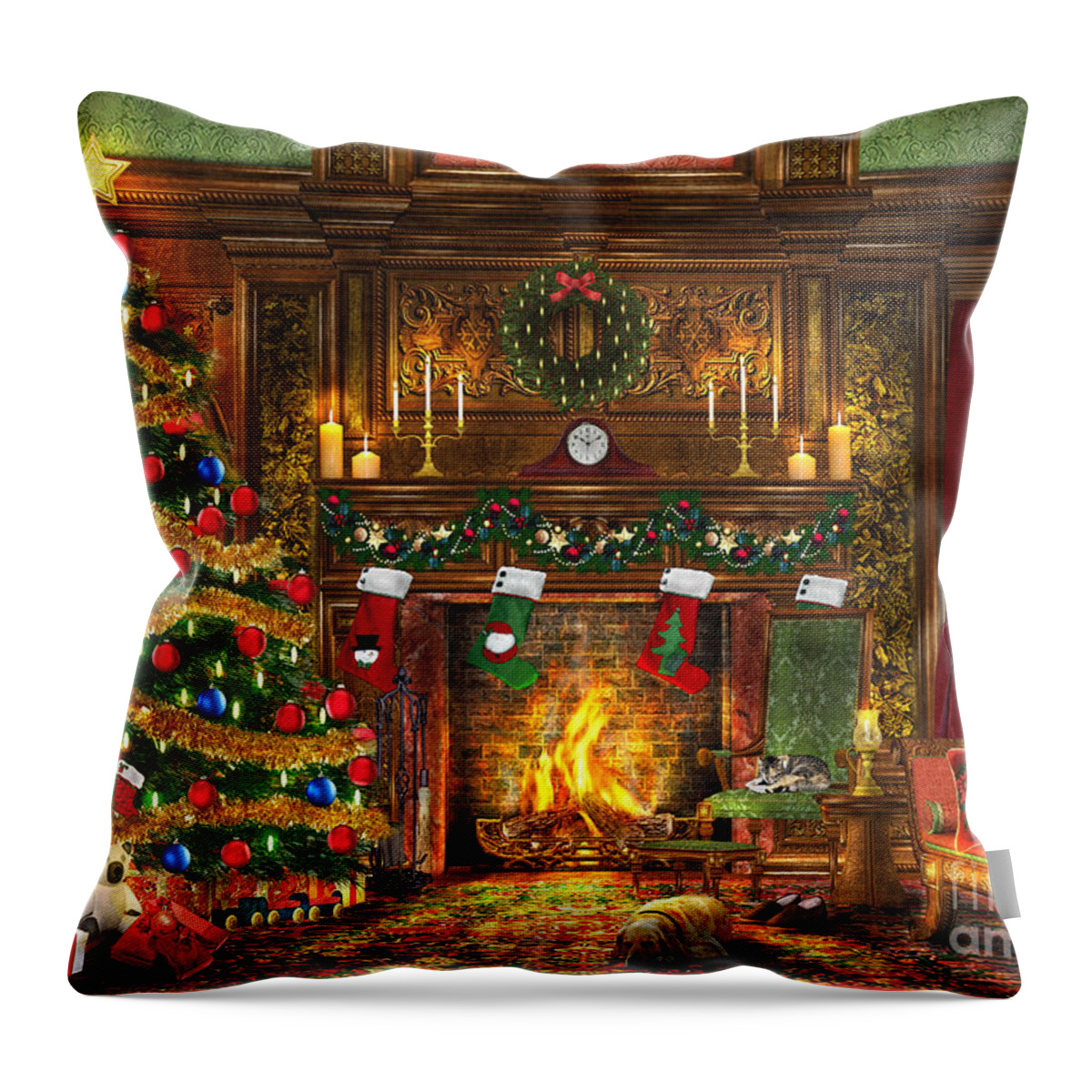 Dominic Davison Throw Pillow featuring the digital art Festive Fireplace by MGL Meiklejohn Graphics Licensing