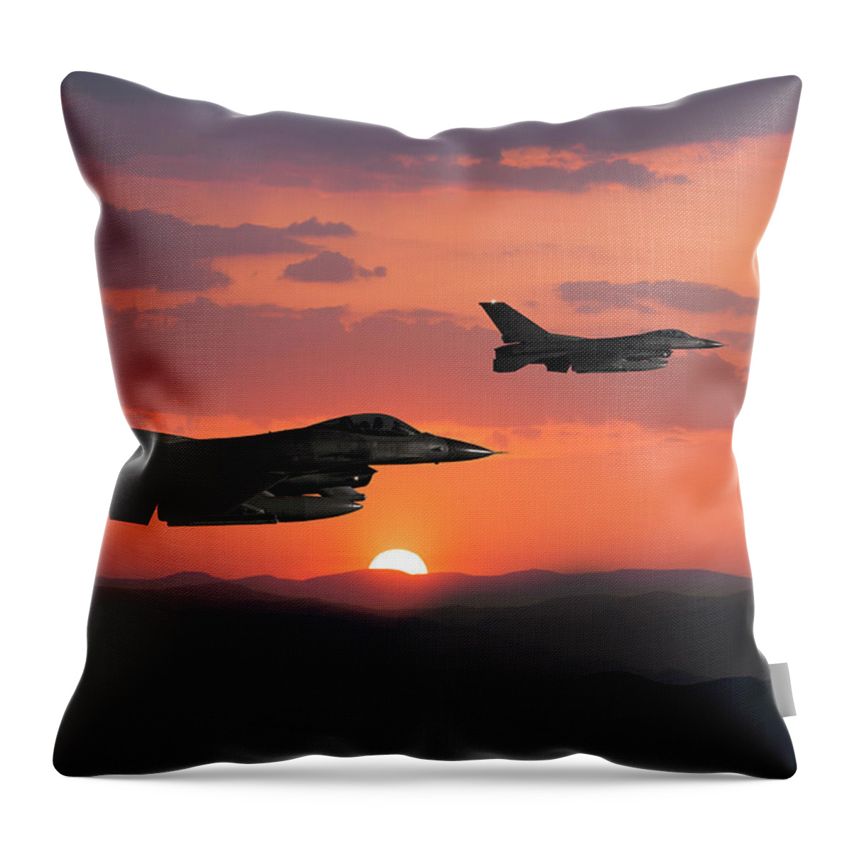 Orange Color Throw Pillow featuring the photograph Fıghter Jet In Flight At Sunset by Guvendemir