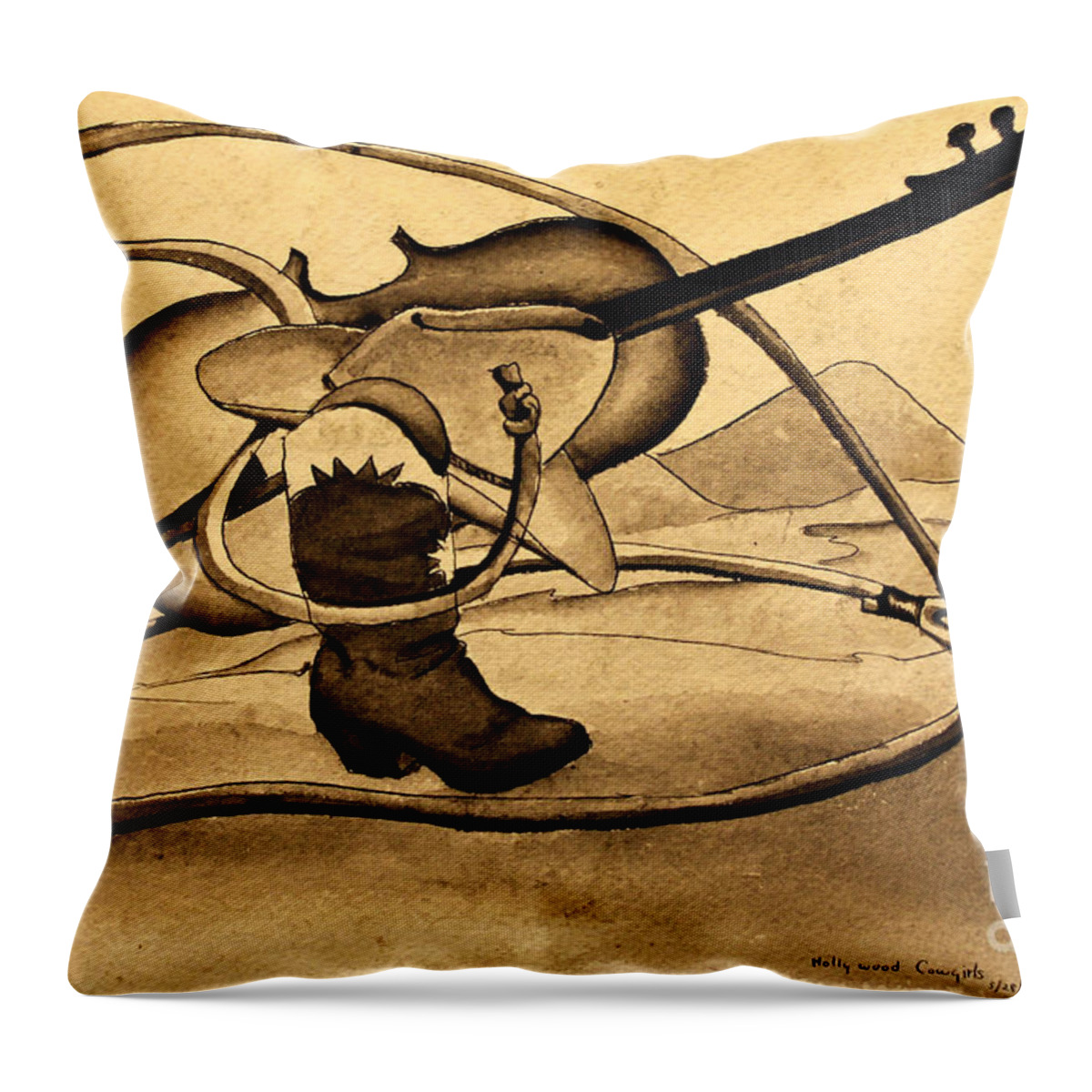 Fiddle Throw Pillow featuring the painting Fiddle Rope Hat Boot 1930s by Art By Tolpo Collection