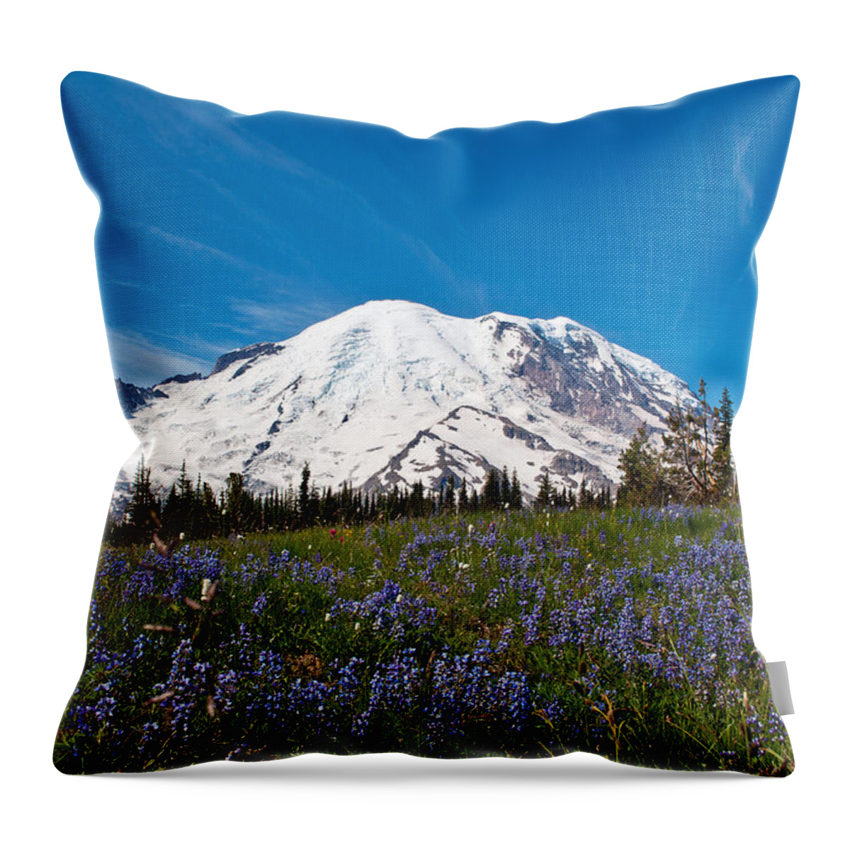 Mt. Rainier Throw Pillow featuring the photograph Field of Lupines and Rainier by Tikvah's Hope